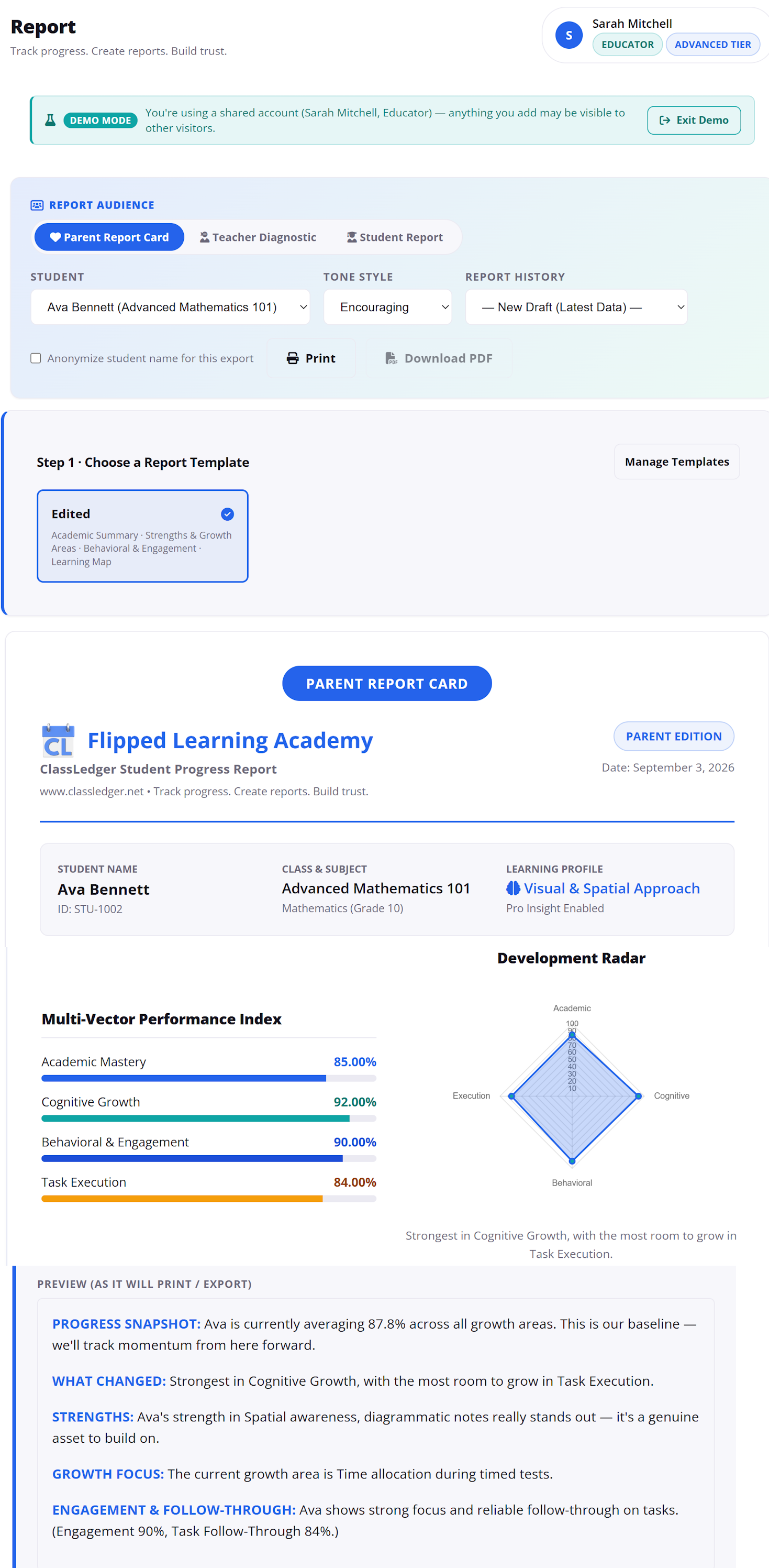 Real ClassLedger Report page showing the audience version toggle, report template, Parent Report Card with a development radar chart, and the editable narrative preview