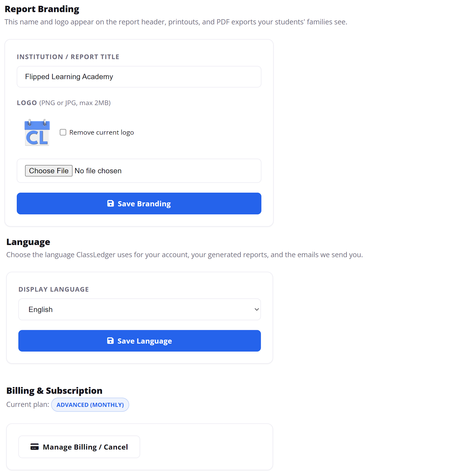 Real ClassLedger Settings page showing Report Branding with institution name and logo, Display Language, and Billing and Subscription