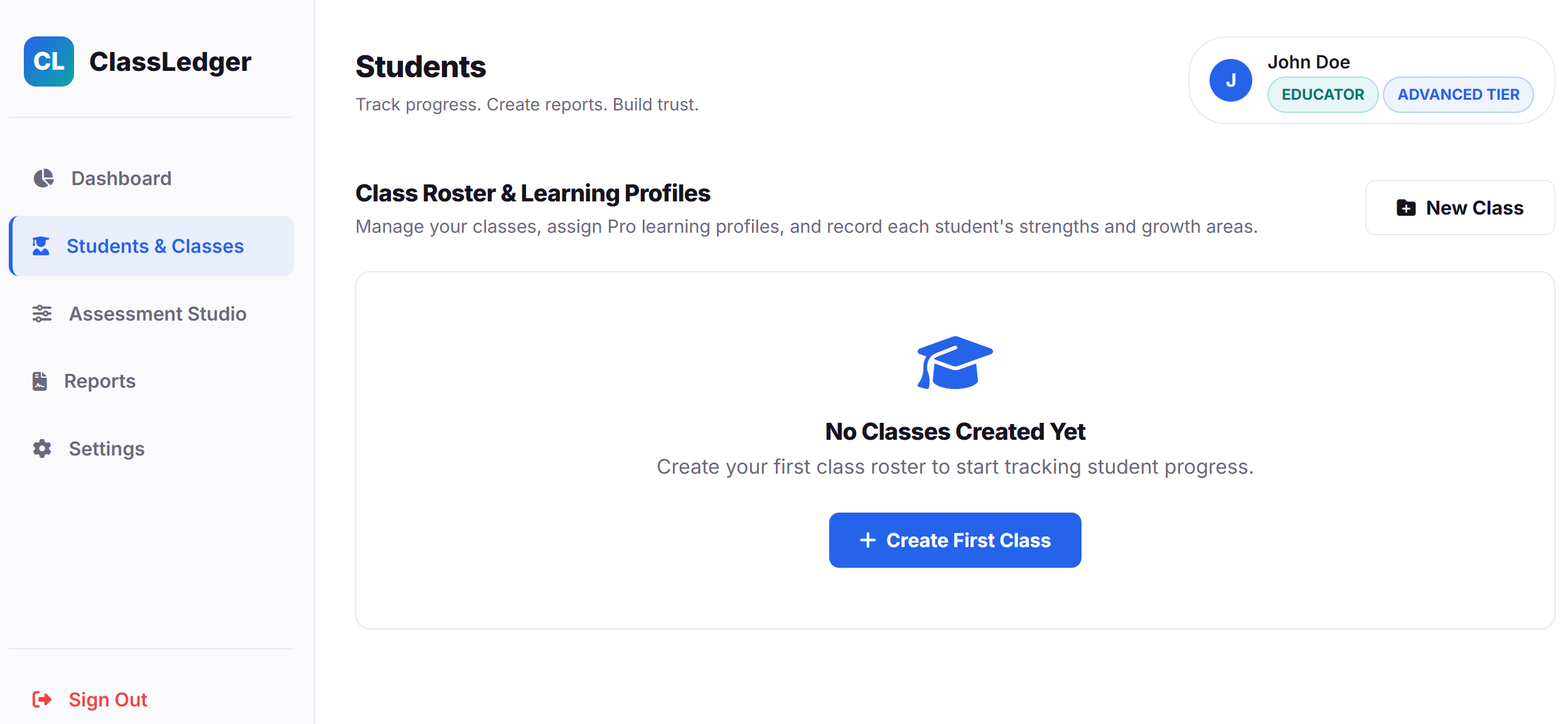 Real ClassLedger Students and Classes page before any class has been created