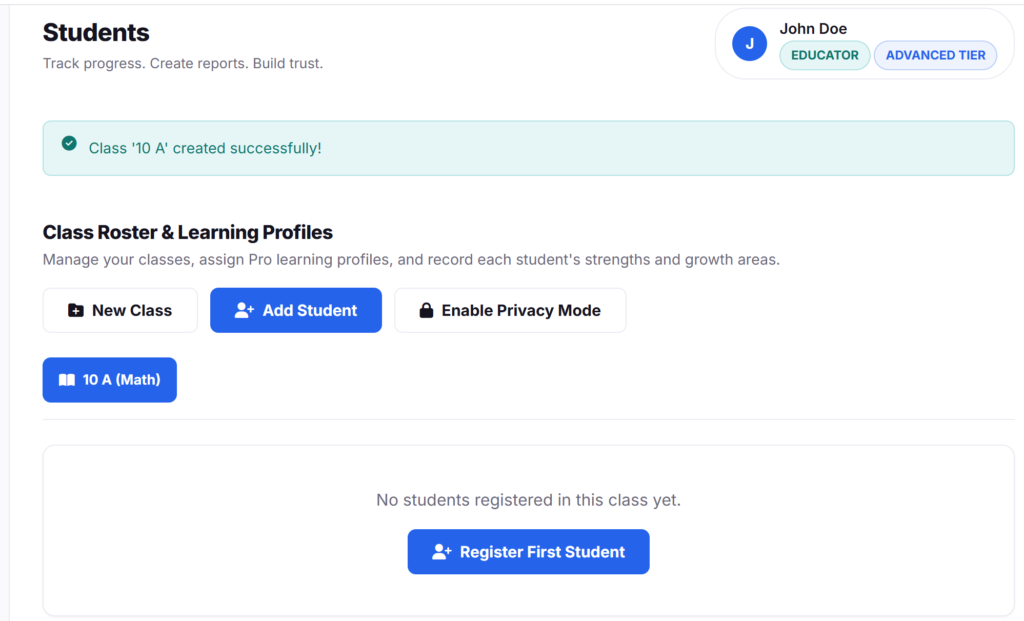 Real ClassLedger Students page right after a class is created, ready to add students or enable Privacy Mode
