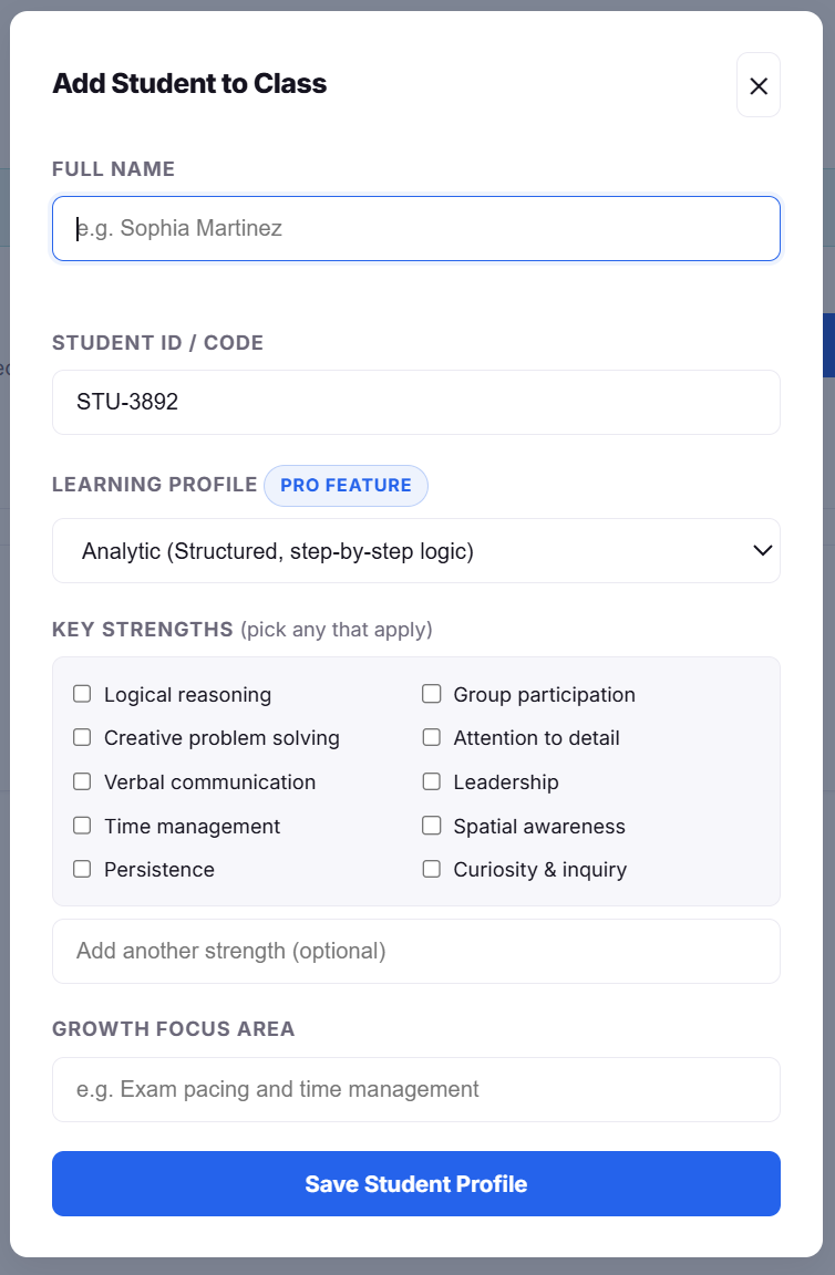 Real ClassLedger Add Student dialog with fields for full name, student ID, learning profile, key strengths, and growth focus area