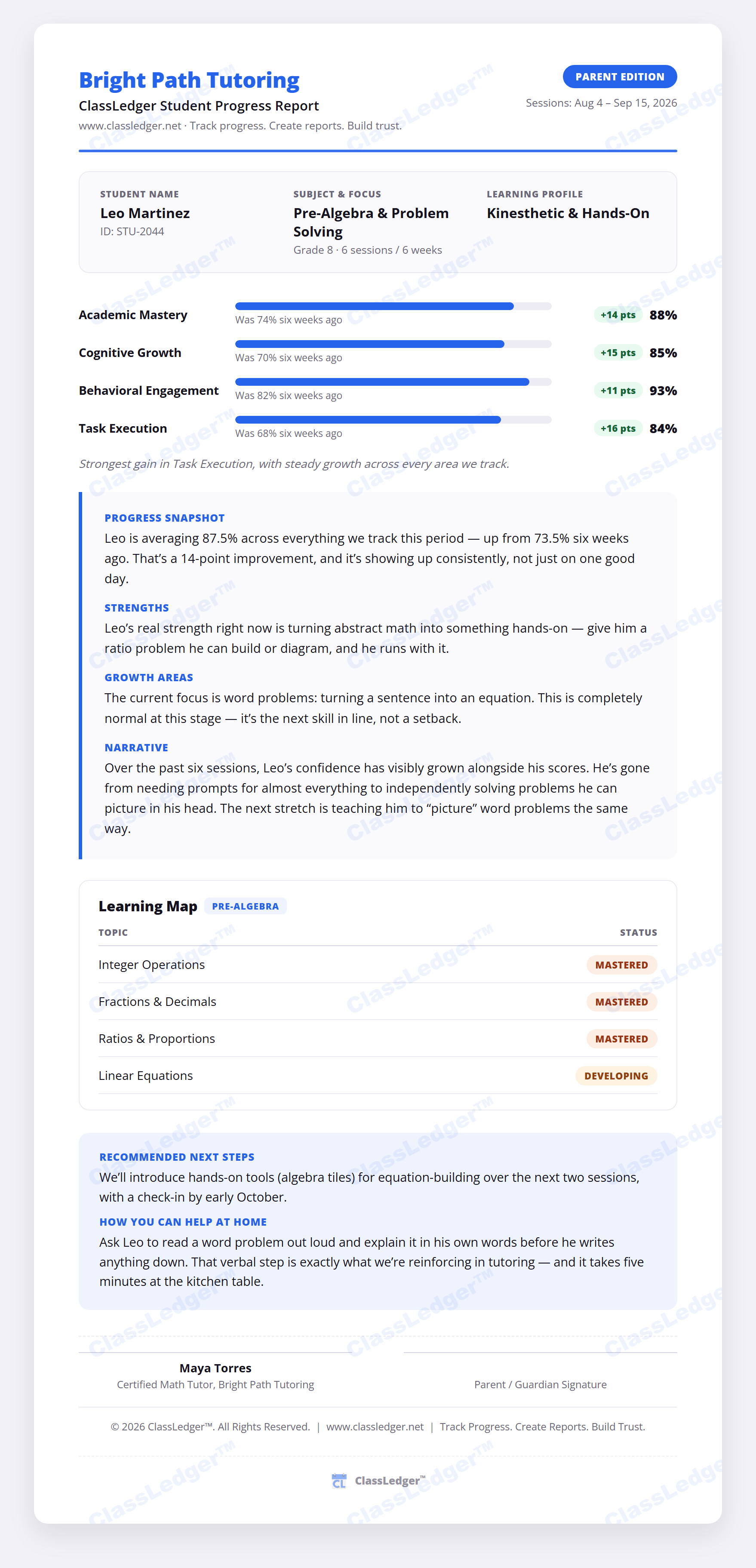Illustrative ClassLedger parent report example, cropped preview